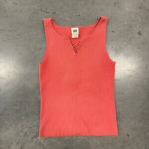 Vintage Y2K Faded Glory Ribbed Knit Salmon Pink Tank Top Criss Cross Front L